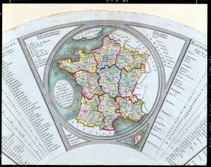 Waaier met de kaart van Frankrijk verdeeld in 9 regio