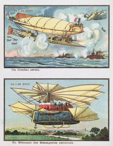 Fantasievoorstellingen van een luchtgevecht en een vliegtuig voor vrachtvervoer in het jaar 2000, c.1910 door French School
