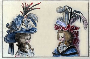 Mode 18e eeuw: kapsels en hoeden van Franse vrouwen rond 1787. door French School