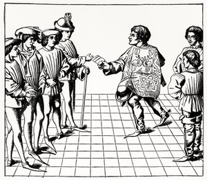 Mode en Manier van de Koning van Wapens, uit de Tournois du roy Rene, illustratie uit Wetenschap en Literatuur in de Middeleeuwen en Renaissance, geschreven en gegraveerd door Paul Lacroix, 1878