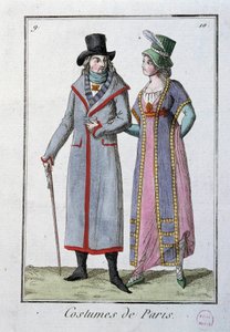Mode onder het Directoire: een stel elegante Parijzenaars. Anonieme lithografie van 1795. Parijs, kostuummuseum