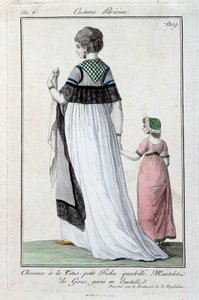 Mode onder het Directoire: elegante jonge Parijse vrouw gekleed in de Titus, gaasmantel met kant. 1797. Parijs, kostuummuseum