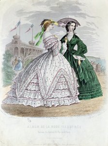 Modieuze Parijse dames aan zee, 1861 door French School