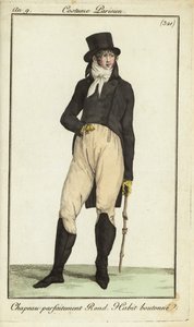 Modieuze man of Incroyable met knuppel door French School