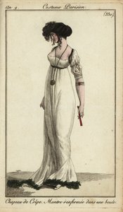 Modieuze vrouw of Merveilleuse met crêpe hoed
