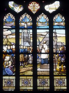 Vader Maunoir predikend in Kerlas de grote missie van 1658 - glas-in-loodramen van de St Germain kerk in Kerlaz