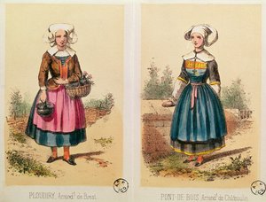Vrouwenkostuums uit Ploudiry en Pont de Buis, uit Les Costumes Bretons de Sorrieu door French School