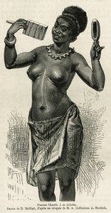Femme Okanda doet haar toilet, tekening door D.Maillard, ter illustratie van het verhaal van een reis naar Gabon en de Ogoue-rivier, in 1875-1877, door Alfred Marche. Gravure in Le tour du monde