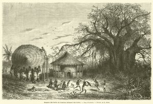 Vrouwen aan de oevers van de Zambezi bouwen hutten, kinderspelen door French School