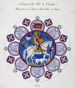 Fernand III, Koning van Castilië, afgebeeld op een glas-in-loodraam van de Notre Dame de Chartres (1252). College simile.