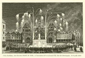 Vuurwerk, afgeschoten voor het stadhuis, ter gelegenheid van de geboorte van de hertog van Bourgondië, 8 augustus 1682 door French School