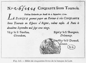 Vijftig pond Frans bankbiljet van de Law Bank, gedateerd 2 september 1720 door French School