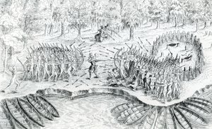 Gevecht van de Hurons, uit Voyage de Champlain in 1624 door Samuel de Champlain door French School