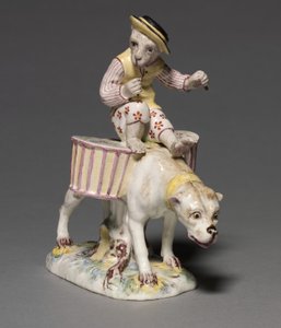 Figuur van een aap op een hond, fabrikant Mennecy-Villeroy Fabriek, Frankrijk, ca. 1760