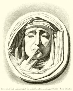 Beeldhouwwerk op het graf van een jood, op de begraafplaats van Père-Lachaise (gravure)