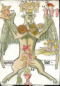 Figuur die de evangelist Sint Lucas symboliseert: een stier geassocieerd met de stad Jericho (of Jeruzalem), een tros druiven, een profeet, de Christus van het Laatste Oordeel verschijnt met sterren en zonnestralen, een portret van een Jood, een kelk door French School