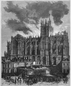 Brand van de Kathedraal Saint Etienne (Saint Stephen) van Metz (Moselle, 57), 7 mei 1877. Gravure in 