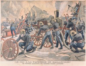 Brandweerlieden bestrijden een brand in een papierfabriek in Ballancourt, uit Le Petit Journal, 1905