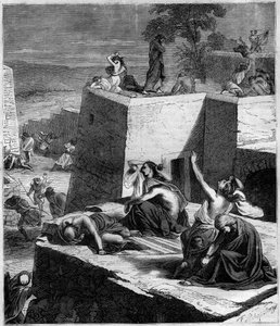 Eerste Kruistocht (1096-1099): De Duitse Kruisvaarders verpletteren de Hongaren en steken de steden in brand. Gravure in 
