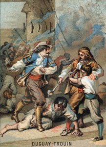 Eerste prestatie van Rene Duguay Trouin (1673-1736), Franse zeeman: Duguay - Trouin vecht tegen Wassenaer (1695). Chromolithografie van de serie 