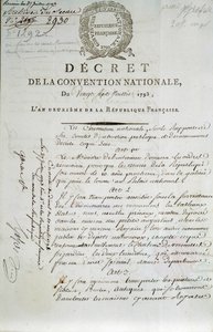 Eerste pagina van het decreet van de Nationale Conventie van 27/07/1793 waarin het Palais du Louvre als museum wordt gevestigd
