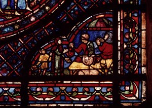 Vishandelaren, detail van een raam dat scènes uit het leven van St. Antonius toont, uit de zuidelijke ommegang