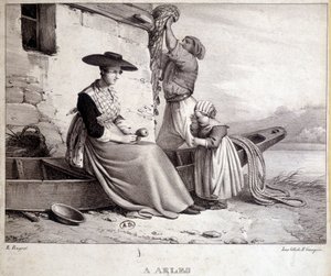 Visser, zijn vrouw in regionale klederdracht en hun kind in Arles