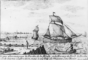 Vissersboot voor kabeljauw en noordelijke haring - gravure, n.d. door French School