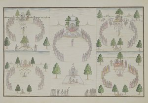 Vijf Hindoeïstische Sekten: Shiva, Krishna, Vishnu, Brahma en Moedergodin uit Het Gentil Album, gepubliceerd in 1774