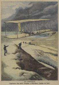 Vlucht van het vliegtuig van de gebroeders Wright in Kitty Hawk, North Carolina door French School
