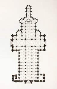 Plattegrond van de 13e-eeuwse ogivale stijl Notre Dame kathedraal in Rouen, Frankrijk, uit Les Arts au Moyen Age, gepubliceerd 1873 door French School