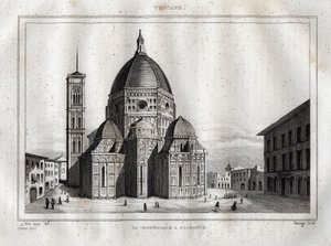 Kathedraal van Florence - Zicht op de Kathedraal van Florence (Duomo Santa Maria del Fiore). De koepel werd gemaakt door Filippo Brunelleschi rond 1420-1436, Florence, Italië - Gravure uit 