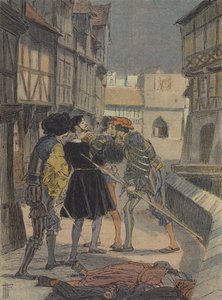 Florentijnse goudsmid en beeldhouwer Benvenuto Cellini omringd en bedreigd door een groep mannen (kleurenlitho) door French School