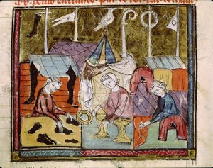 Kooplieden op de Lendit-beurs bij St. Denis, uit de Grandes Chroniques de France, 1375-79 door French School