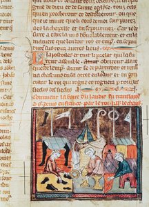 Fol.122v Kooplieden op de Lendit-beurs bij St. Denis, uit de Grandes Chroniques de France, 1375-79 door French School