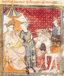 Fol.133r Roland neemt afscheid van Karel de Grote (742-814), Grandes Chroniques de France, 1375-79