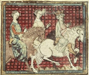Fol.31r Chilperic I (543-97) en Fredegonde te paard, uit de Grandes Chroniques de France, 1375-79 door French School