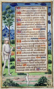 Fol.50v Pagina met tekst en een randdetail van een muzikant die zijn hond laat dansen, uit 