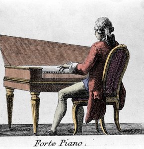 Forte Piano speler. Gravure uit het einde van de 18e eeuw door French School