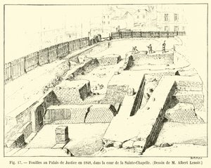 Opgravingen bij het Paleis van Justitie in 1848, in de binnenplaats van de Sainte-Chapelle, tekening van M. Albert Lenoir door French School