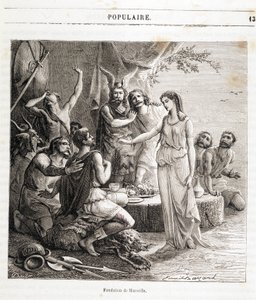 Stichting van Marseille: de Franse stad werd gesticht door Griekse zeelieden in 600 v.Chr. Gravure in 