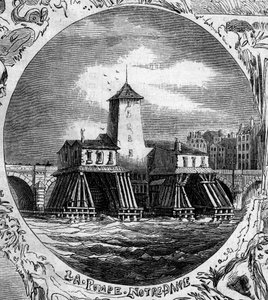 Fontein van Parijs: uitzicht op de Pompe Notre Dame (1676). Deze hydraulische pomp werd gesloopt in 1858. Gravure in 