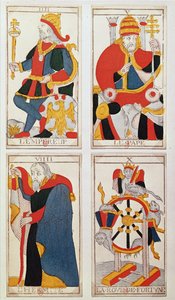 Vier tarotkaarten met afbeelding van De Keizer, De Paus, De Kluizenaar en Het Rad van Fortuin (gekleurde houtsnede) door French School