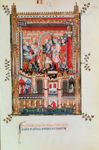 Sisinnius geeft bevelen aan St. Denis en zijn metgezellen die voor hem worden gebracht, uit Vie de St. Denis, 1317
