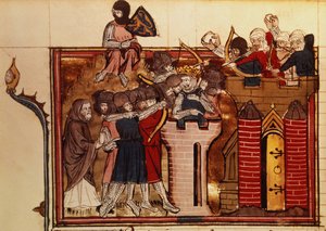 Fr 22495 f.69v De Kruisvaarder aanval op Jeruzalem in 1099, uit Le Roman de Godefroi de Bouillon door French School
