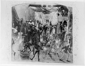 Fr 2646 f.176 Bal des Ardents, Karel VI (1380-1422) gered door de Hertogin van Berry nadat Lodewijk van Orléans de kostuums van de dansers in brand stak, uit Froissarts Kroniek, 1392