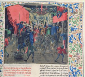 Bal des Ardents, Karel gered door de hertogin van Berry nadat Lodewijk van Orléans de kostuums van de dansers in brand stak, 1392, uit Froissarts Kroniek door French School