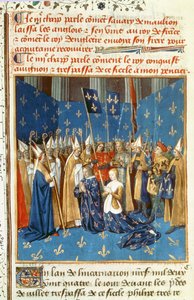 Kroning van Lodewijk VIII (1187-1226) en Blanca van Castilië in Reims in aanwezigheid van de koning van Jeruzalem door French School