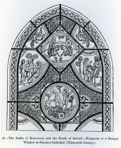 Fragment van een glas-in-loodraam in de kathedraal van Chartres, met de Slag bij Ronceveaux en de dood van Roland, illustratie uit Wetenschap en Literatuur in de Middeleeuwen en Renaissance