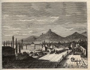 Frankrijk, Elzas, Bas-Rhin (67), Saverne: Oevers van de Zorn, het oude Chateau du Haut Barr gebouwd op de rotsen - gravure in 